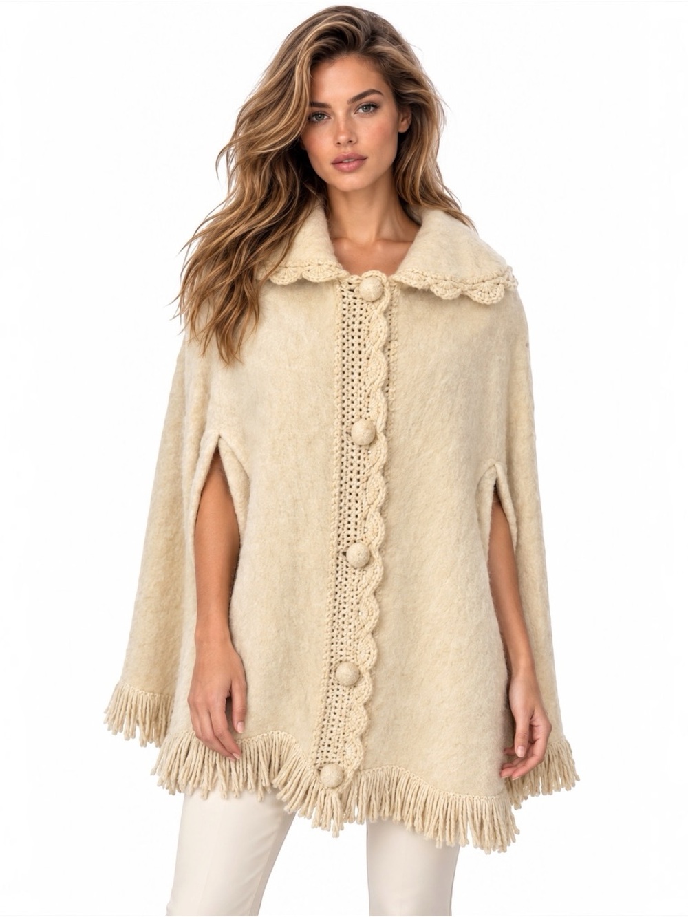 Vintage 1970s Textiles Roxa Cream Virgin Wool Fringe Cape/Poncho Women’s OS